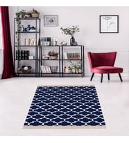 Geometrik Karo Desenli Dijital Baskı Yıkanabilir Kaymaz Taban Modern Salon Halısı ve Yolluk (Laci) (Lacivert)