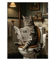 Tuvalette Gazete Okuyan Kedi Komik Dekoratif Kanvas - Mdf Ahşap Tablo