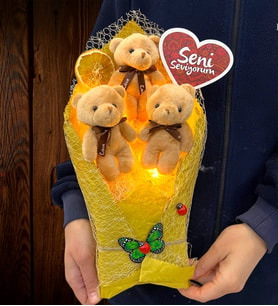 Seni Seviyorum Özel Ayıcık Buketi Premium Tasarım Led Işıklı Hardal Peluş Buket