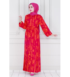 Otantik Yarım Düğmeli Viscon Elbise-Pembe