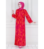 Otantik Yarım Düğmeli Viscon Elbise-Pembe