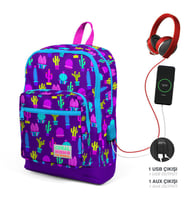 Coral High Kids Mor Pembe Kaktüs Desenli Dört Bölmeli USB Şarjlı Kulaklık Çıkışlı Okul Sırt Çantası 23273
