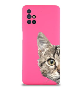 Samsung Galaxy M51 Uyumlu Lansman Kılıf Catface Tasarımlı İçi Kadife Kapak-Neon Pembe (Şeffaf)