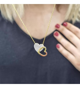 Yapışık Kalpler 925 Ayar Gümüş Zirkon Taşlı Gold Kaplama Kolye (Karışık)