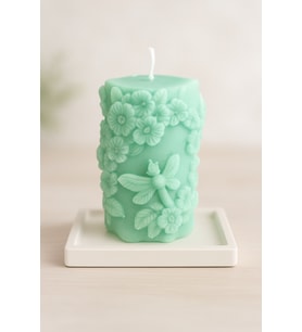 Çiçek Desenli El Yapımı Dekoratif Mum - Pastel Renkler (Mint Yeşili)