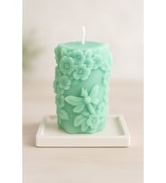 Çiçek Desenli El Yapımı Dekoratif Mum - Pastel Renkler (Mint Yeşili)