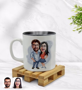 BK Gift Kişiye Özel Sevgililer Karikatürlü İçi Siyah Renkli Kupa Bardak Model 105