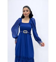 Şifon Kumaş Büzgü Dantel Detaylı Midi Elbise - SAKS MAVİ (SAKS MAVI)