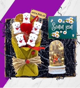 Size Özel İsimli Ayıcıklar Buketi & Led Işıklı Kalp Tutan Çift Temalı Fanus  HARDAL