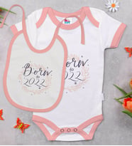 BK Kids Born To 2022 Tasarımlı Pembe Bebek Body Zıbın ve Mama Önlüğü Hediye Seti-1
