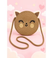 Kız Çocuk Kedi Yumuşak Tüylü Kulak Yuvarlak Hasır Omuz Çantası Hasır Askılı Mini Çapraz Çanta ölç:15*15 cm