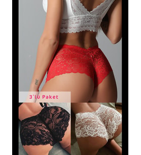 Fantezia Night Kadın Siyah Beyaz Kırmızı 3'lü Paket Dantel Tanga Şort Külot