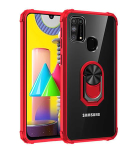 Samsung Galaxy M31 Kılıf Şeffaf Sararmaz Yüzüklü Mola Kapak (Kırmızı)