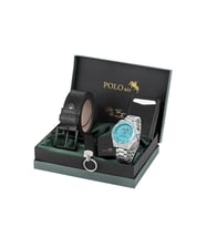 Polo Air Mercek Takvimli Erkek Kol Saati Cüzdan Kemer Çakmak Anahtarlık Seti Gümüş Turkuaz Renk PL-7078E5 (Gri-Turkuaz)