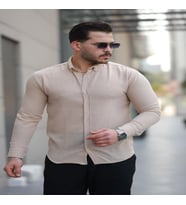 Mero Life Erkek Basic %100 Pamuklu Dökümlü Kumaş Uzun Kollu Salaş Gömlek (Krem)