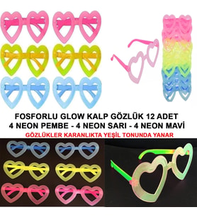 Fosforlu Kalp Model Glow Parti Gözlüğü Karanlıkta Yanan Gözlükler 12 Adet