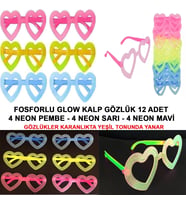 Fosforlu Kalp Model Glow Parti Gözlüğü Karanlıkta Yanan Gözlükler 12 Adet