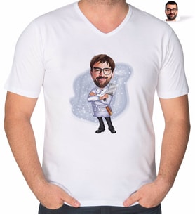 BK Gift Kişiye Özel Erkek Kasap Karikatürlü V Yaka Tişört-1 (Beyaz)