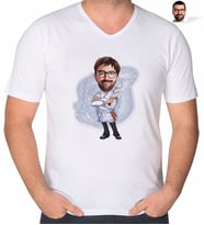 BK Gift Kişiye Özel Erkek Kasap Karikatürlü V Yaka Tişört-1 (Beyaz)