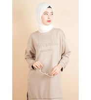 Bayan Tesettür Sweat Kendinden Kabartmalı Uzun Sweat Bej