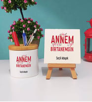 Anneler Günü Hediyesi Anneye Hediye - 7 - Kalemlik ve Dekoratif Taş Baskı Hediye Seti
