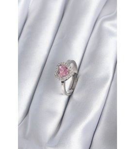Pirinç Gümüş Renk Pembe Zirkon Taşlı Charm Model Kadın Yüzük TJ-BYK2864