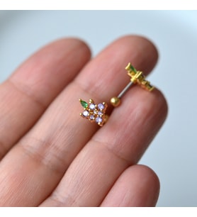 Mor Çiçekli Helix Piercing Kıkırdak Cerrahi Çelik Gold Renk (Çok Renkli)