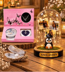 Kişiye Özel Yazılı ve 3 Fotoğraflı Penguenli Led Işıklı Fanus ve İstiridye İnci Kolye