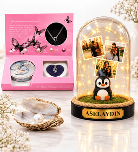 Kişiye Özel Yazılı ve 3 Fotoğraflı Penguenli Led Işıklı Fanus ve İstiridye İnci Kolye