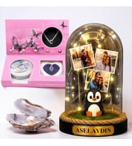 Kişiye Özel Yazılı ve 3 Fotoğraflı Penguenli Led Işıklı Fanus ve İstiridye İnci Kolye