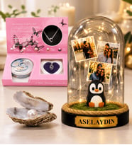 Kişiye Özel Yazılı ve 3 Fotoğraflı Penguenli Led Işıklı Fanus ve İstiridye İnci Kolye