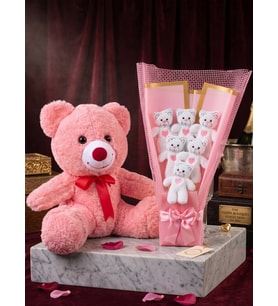 Sevgiliye - Kiza Hediye 35cm Pembe Ayıcık ve 6lı Ayıcık Buketi - Dogum Gunu Hediyesi - Yilbasi Hediye