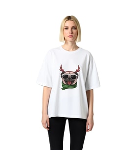 Kadın Oversize Tişört %100 Pamuk Gözlüklü Pug Ren Geyiği Boynuzu Baskılı Rahat Kesim Günlük Modern