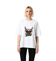 Kadın Oversize Tişört %100 Pamuk Gözlüklü Pug Ren Geyiği Boynuzu Baskılı Rahat Kesim Günlük Modern