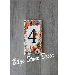 Bilge Stone Decor Doğal Taş Kapı Numarası, Uv Baskılı Kapı Numarası 7,5x15cm - Numara 4 (Çok Renkli)