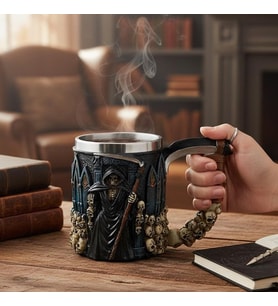 Gotik Kuru Kafa ve Azrail Figürlü Paslanmaz İç Hazneli Dekoratif Kupa Bardak