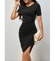 Kadın Kısa Kollu V Yakalı Pileli Kısa Ithal Krep Elbise