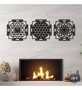 Ahşap Yaşam Çiçeği Sri Yantra Torus Nefesi Üçlü Dekoratif Tablo Duvar Süsü Ev Hediyesi 30 cm (Siyah)