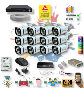 12 Kameralı IP Set - Yapay Zeka Özellikli Gece Renkli Gösteren Sesli 6 Warm Ledli 4K FULLHD IP Güvenlik Kamerası Seti 4386WS