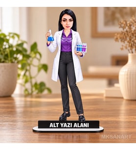 Kişiye Özel Kadin Laboratuvar Bilim İnsani Karikatürlü 18 cm MDF Masaüstü Biblo - Masaüstü Hediye