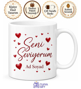 Kırmızı Kalpli Seni Seviyorum İsimli Sevgili Kupası Hediye Bardak