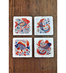 Doğal Taş Bardak Altlığı 4'lü Set 10x10x1 cm Renkli Balık Desenleri -Stone Coasters