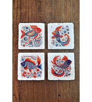 Doğal Taş Bardak Altlığı 4'lü Set 10x10x1 cm Renkli Balık Desenleri -Stone Coasters