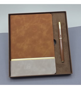 Kutulu Altın Şeritli Deri Defter Ve Kahverengi Metal Roller Kalem Set