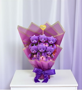 Kişiye Özel Led Işıklı Mor Peluş Ayıcık Buketi Ayıcıklı Peluş Buket Model 2