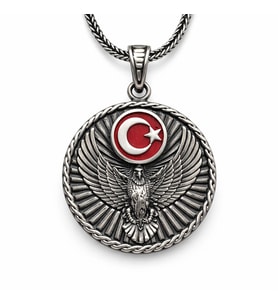 Gümüş Türk Kartalı ve Ay Yıldız Motifli Erkek Kolye