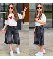 AY KİDS Kız Çocuk Kalp Baskılı Oversize Tişört & Bol Paça Jean Kapri Kombin Takım 2689S