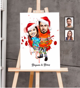 Kişiye Özel Yılbaşı Sevgili Karikatürlü Kanvas Tablo 20x30 Model-7
