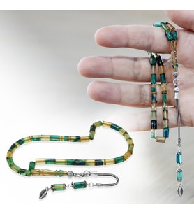 Ateş Kehribar Tesbih - 925 Ayar Gümüş Püsküllü - Mini Boy - Mavi Beyaz - Kesme Kesim