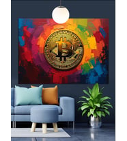 Renkli Fonda Bitcoin Sembolü Dekoratif Kanvas - Mdf Ahşap Tablo
